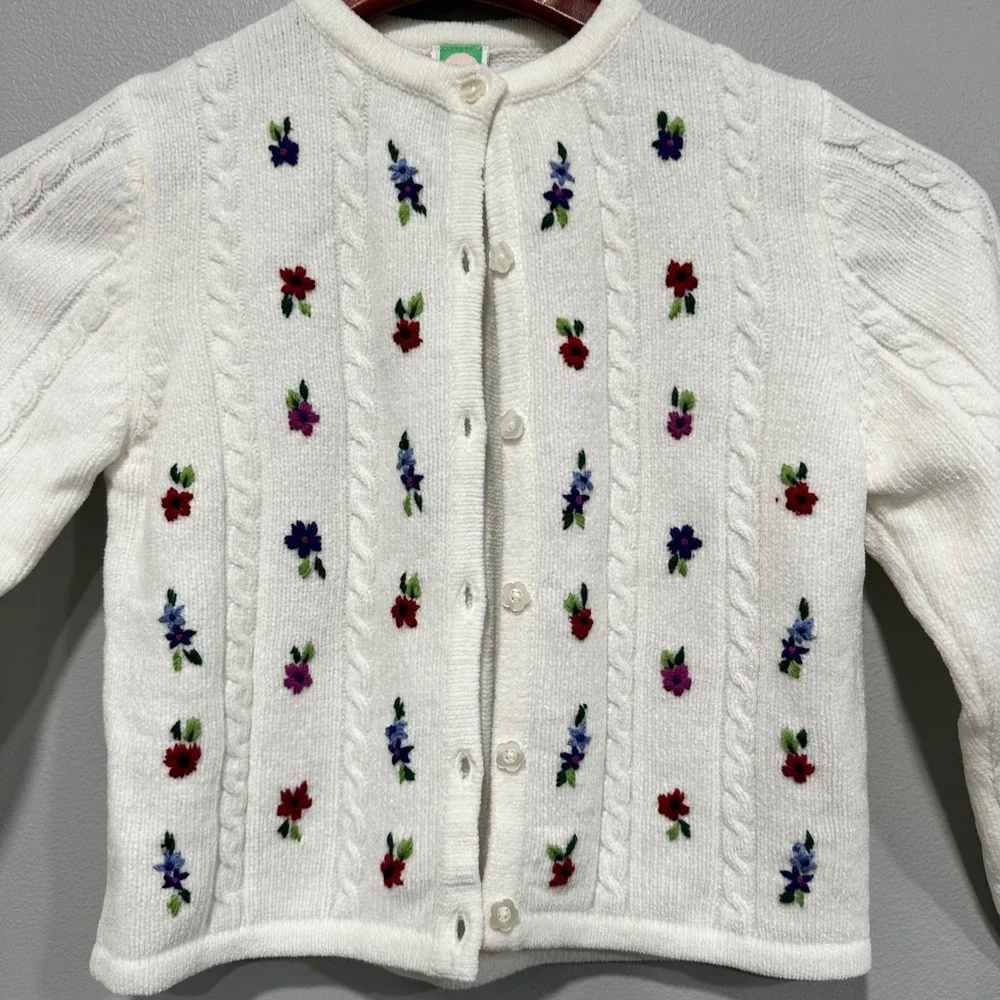 Gymboree Girls White Cable Knit Embroidered Floral Cardigan Sweater XLarge 6 Yrs